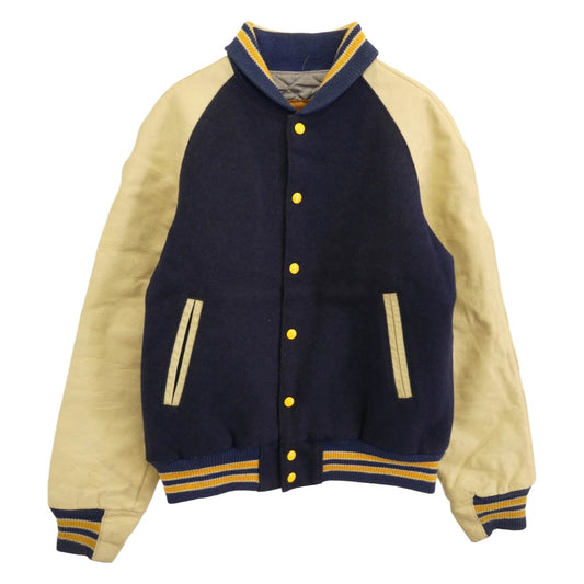 ゴールデンベア 80s 90s ブルゾン レザー 本革 切替 スタジャン スタジアム ジャケット ネイビー系 M【中古】