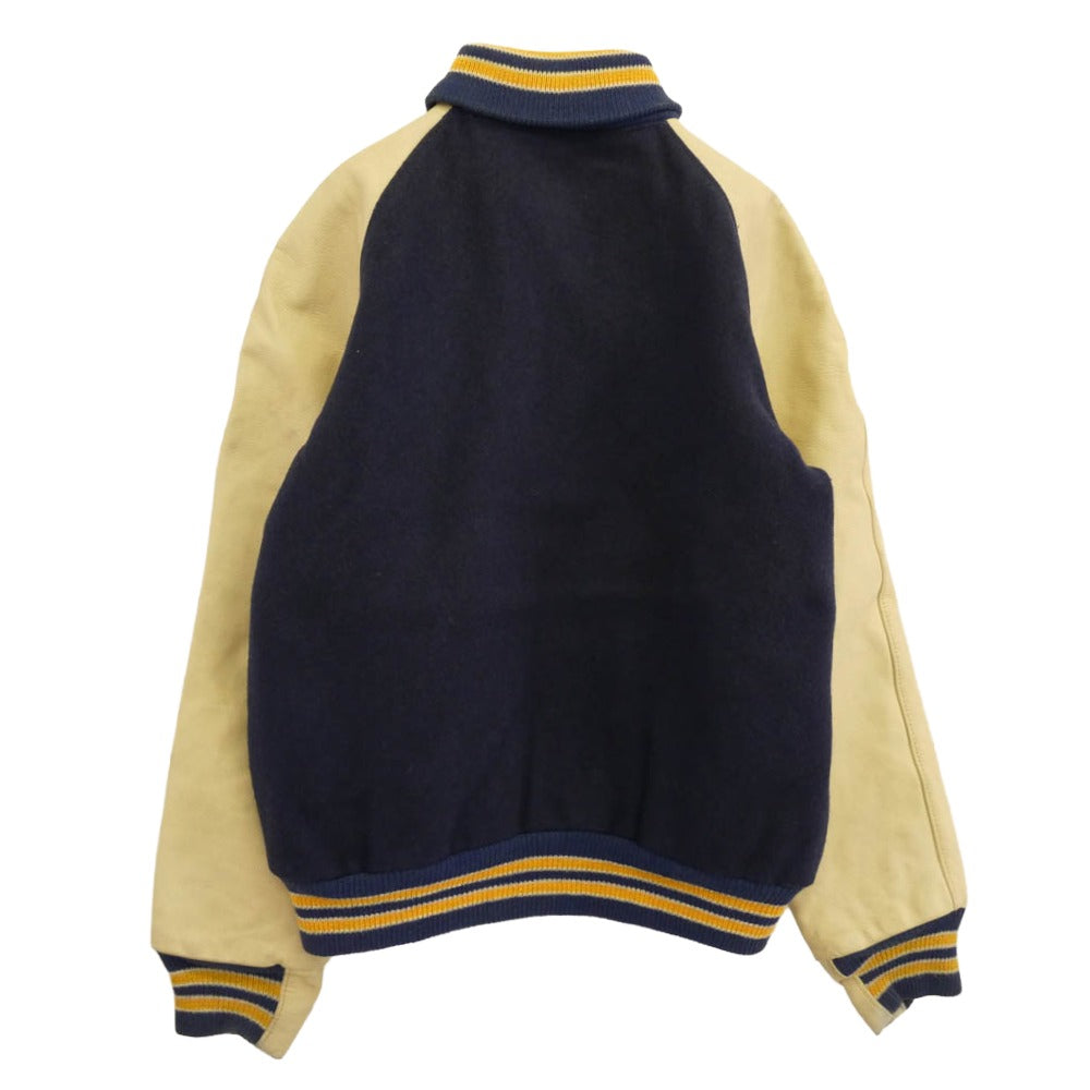 ゴールデンベア 80s 90s ブルゾン レザー 本革 切替 スタジャン スタジアム ジャケット ネイビー系 M【中古】
