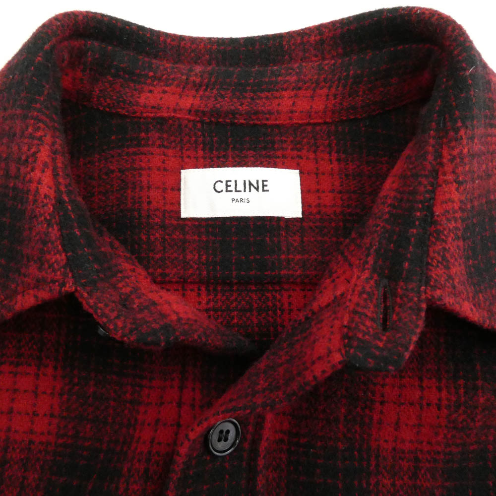 CELINE セリーヌ 22AW 2C574017F loose wool check shirt ルーズ チェック 長袖 シャツ レッド系 ブラック系 37【中古】