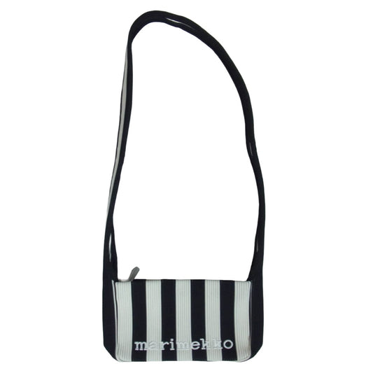 marimekko マリメッコ 94146 ニット ストライプ ロゴ刺繍 ショルダー バッグ ブラック系【美品】【中古】