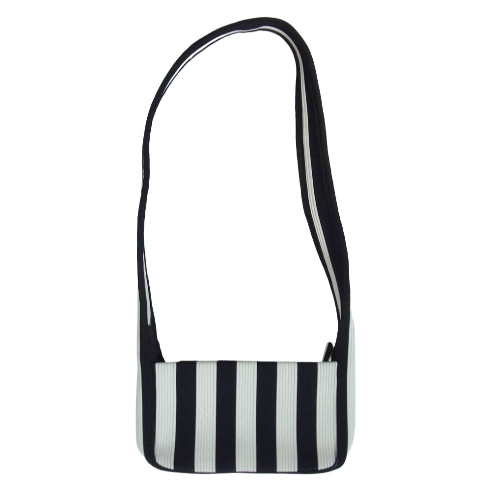 marimekko マリメッコ 94146 ニット ストライプ ロゴ刺繍 ショルダー バッグ ブラック系【美品】【中古】