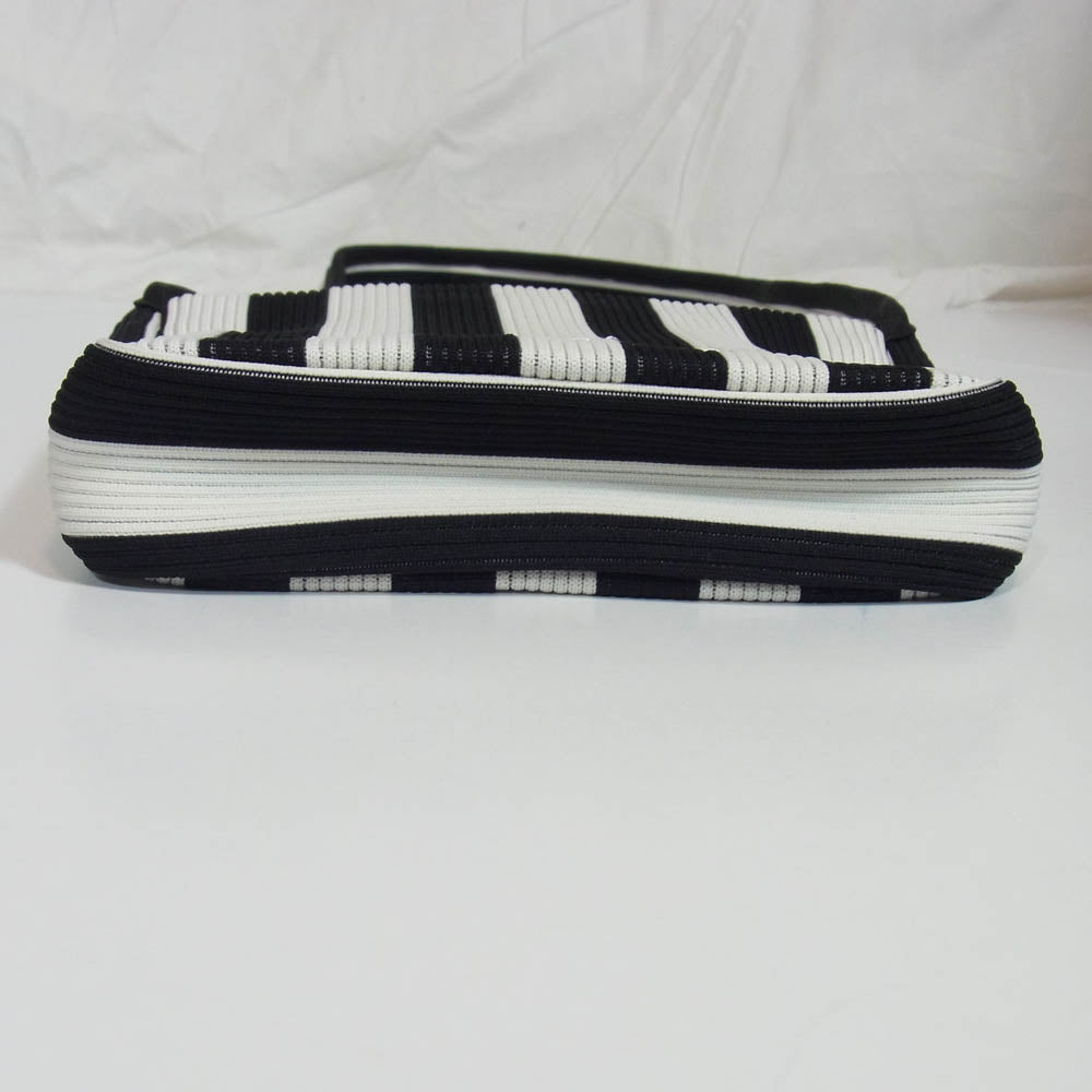 marimekko マリメッコ 94146 ニット ストライプ ロゴ刺繍 ショルダー バッグ ブラック系【美品】【中古】