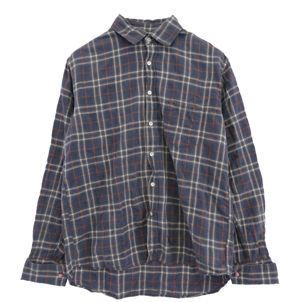 GOODENOUGH グッドイナフ グラムg カフスボタン シワ加工 長袖 チェック シャツ ブルー系 L【中古】