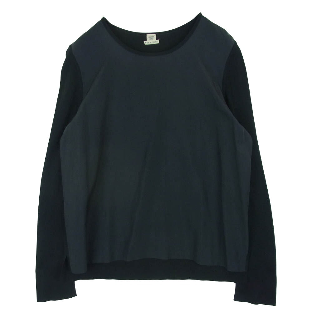 HERMES エルメス シルク100% フロント切替 ハイゲージ ニット フランス製 ブラック系 ダークグレー系 44【中古】