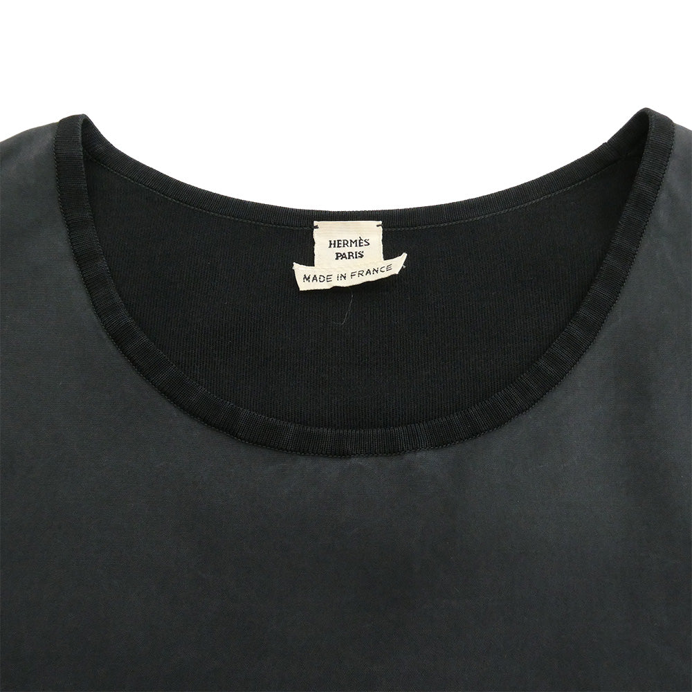 HERMES エルメス シルク100% フロント切替 ハイゲージ ニット フランス製 ブラック系 ダークグレー系 44【中古】