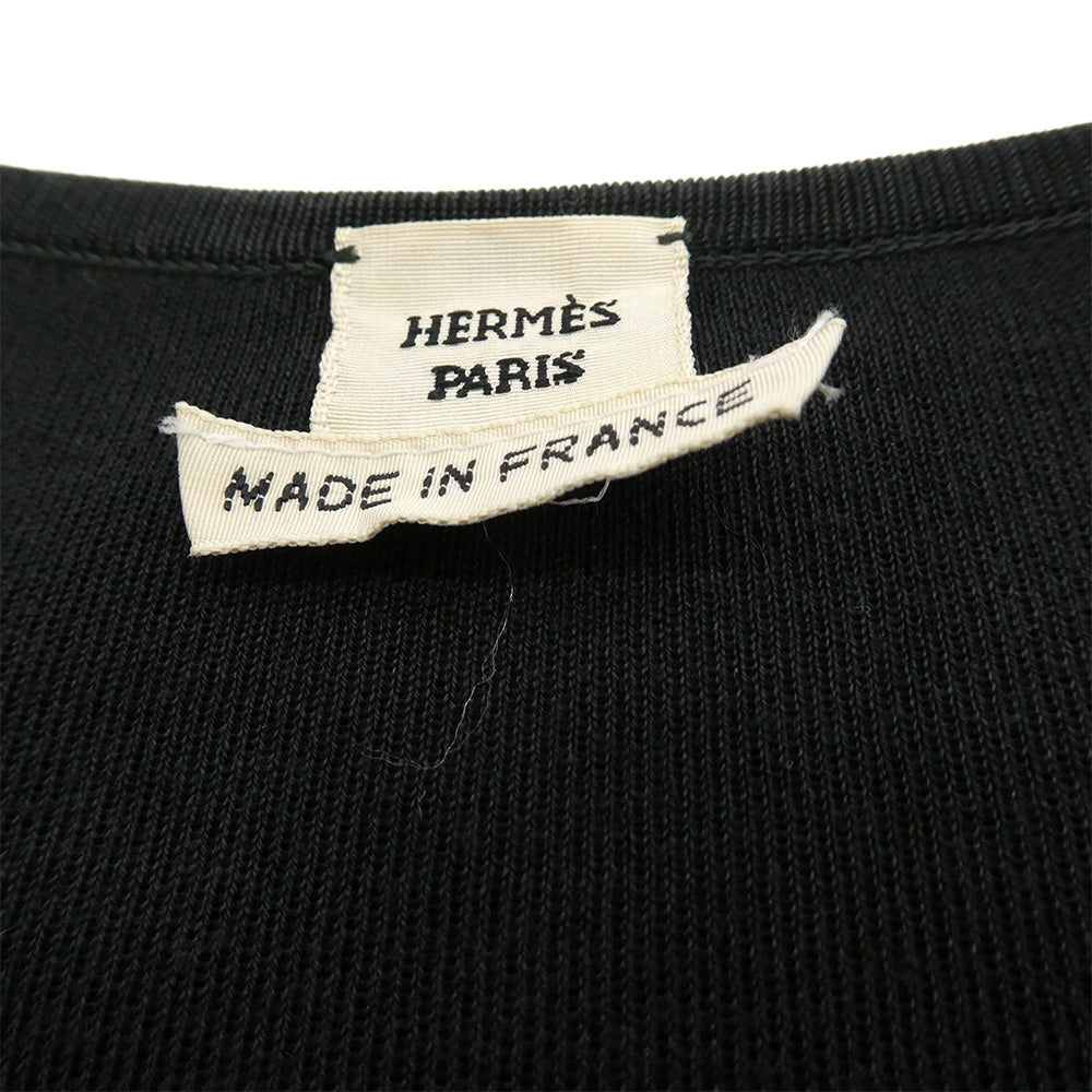 HERMES エルメス シルク100% フロント切替 ハイゲージ ニット フランス製 ブラック系 ダークグレー系 44【中古】