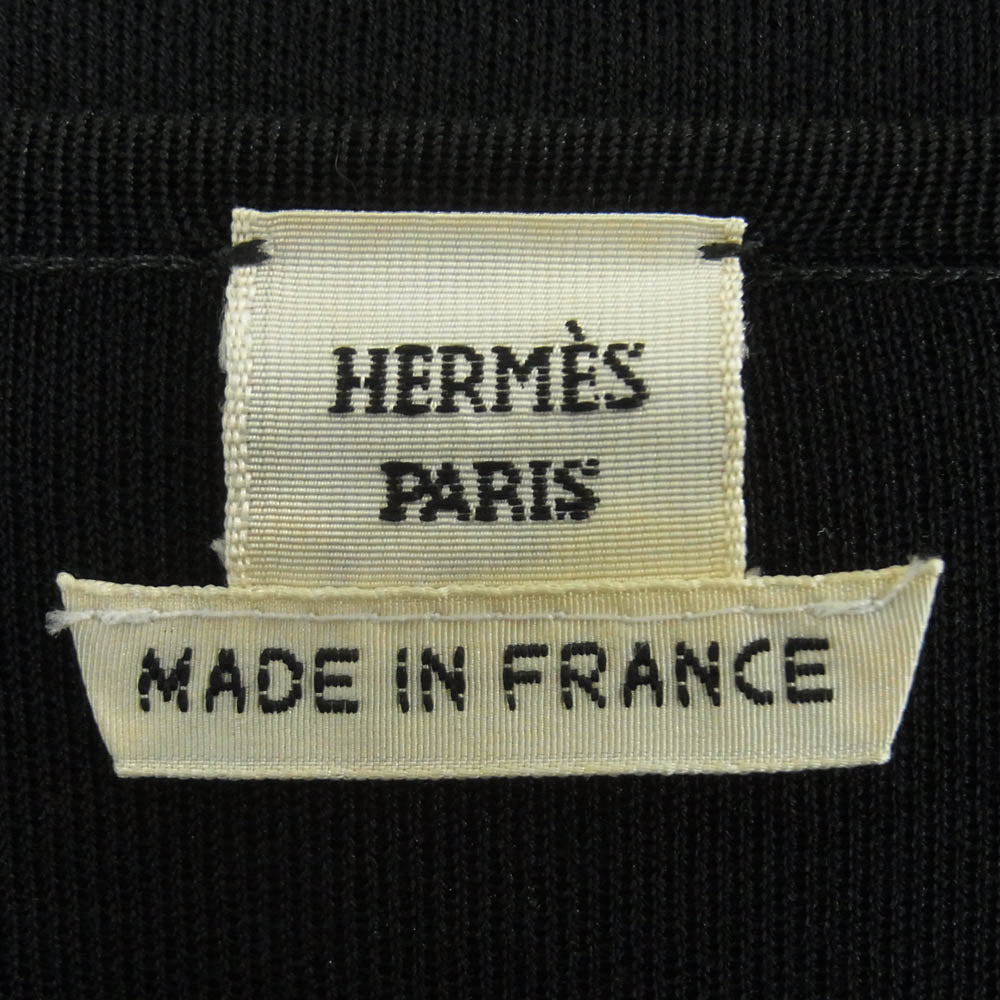 HERMES エルメス シルク100% フロント切替 ハイゲージ ニット フランス製 ブラック系 ダークグレー系 44【中古】