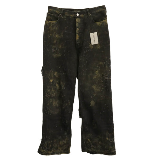 BALENCIAGA バレンシアガ 23SS 745248 TBP47 SUPER DESTROYED BAGGY スーパー デストロイ ダメージ ラージフィット バギー デニム パンツ ブラック系 カーキ系 L【極上美品】【中古】