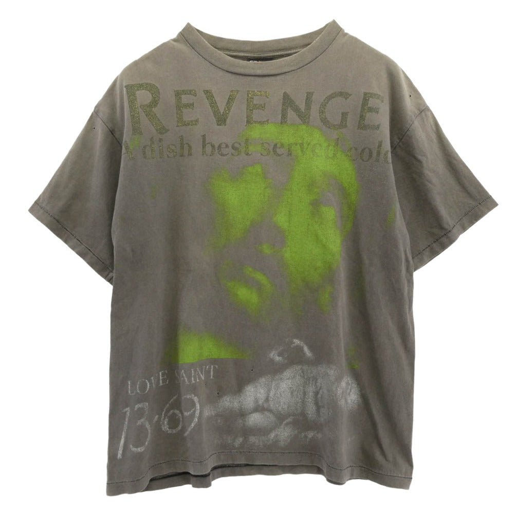 SAINT MICHAEL セントマイケル 23SS SM-S23-0000-085 BJ_SS TEE / REVENGE / BLACK BerBerJin ベルベジン リベンジ ダメージ加工 半袖 Tシャツ グレー系 XL【中古】