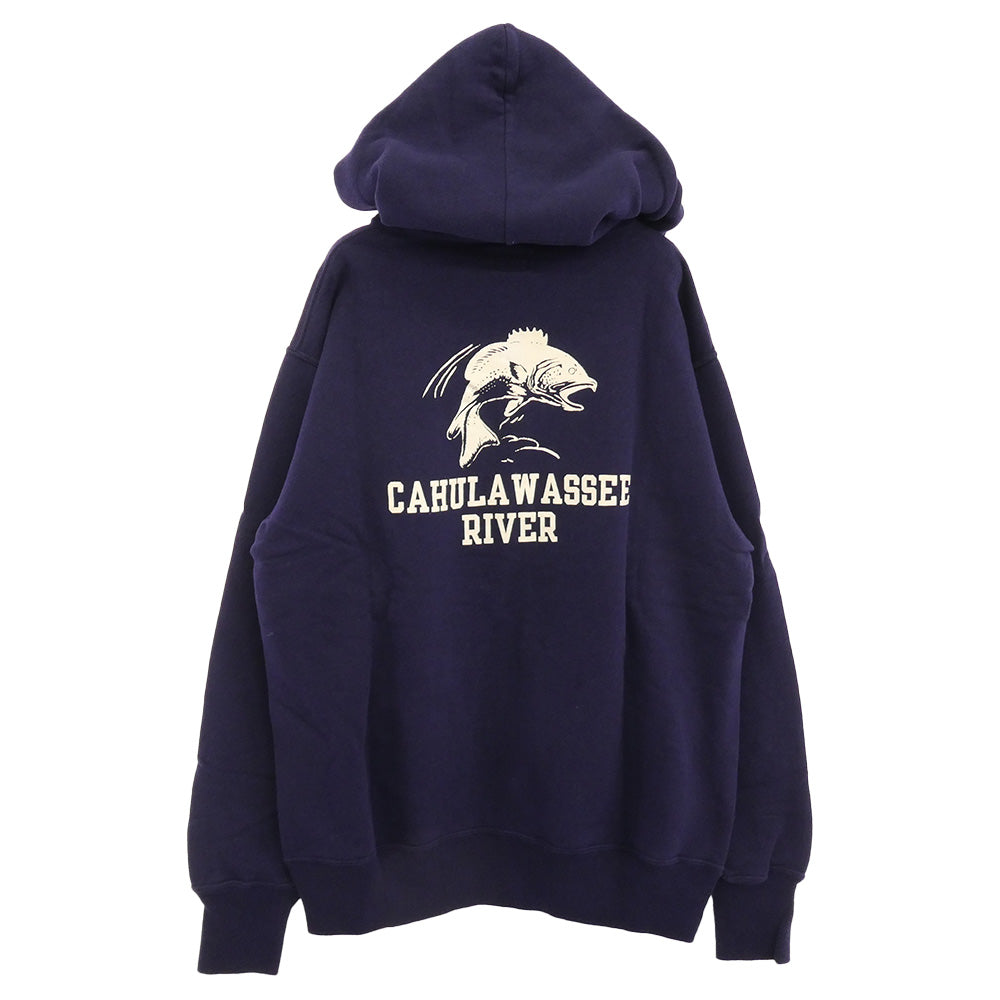 TENDERLOIN テンダーロイン T-PARKA ZIP CAHULAWASSEE RIVER フィシュ バックプリント スウェット ジップアップ パーカー フーディー ネイビー系 M【美品】【中古】