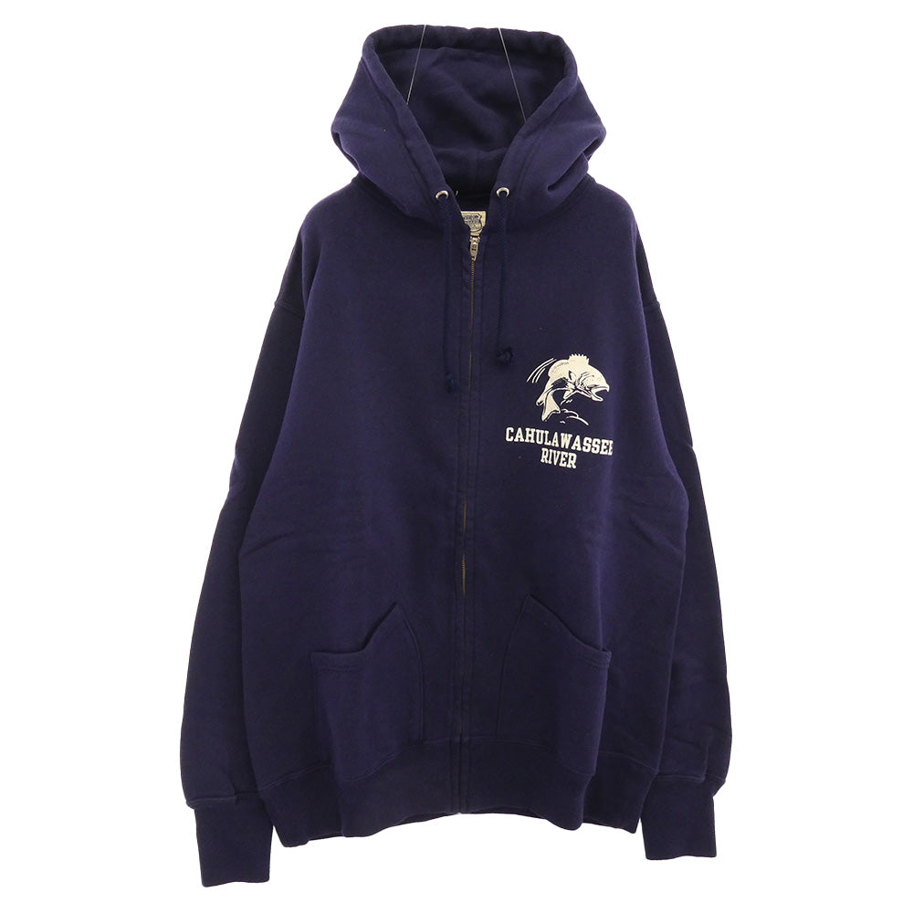 TENDERLOIN テンダーロイン T-PARKA ZIP CAHULAWASSEE RIVER フィシュ バックプリント スウェット ジップアップ パーカー フーディー ネイビー系 M【美品】【中古】