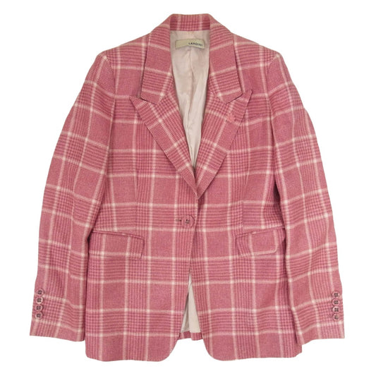LARDINI ラルディーニ ブートニエール付き ウール リネン グレンチェック ピークドラペル シングル テーラード ジャケット ピンク系 40【中古】