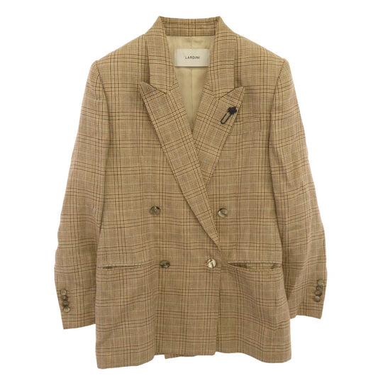 LARDINI ラルディーニ 25SS 新型ブートニエール ウール リネン チェック ダブルブレスト ピークドラペル テーラード ジャケット ベージュ系 38【中古】