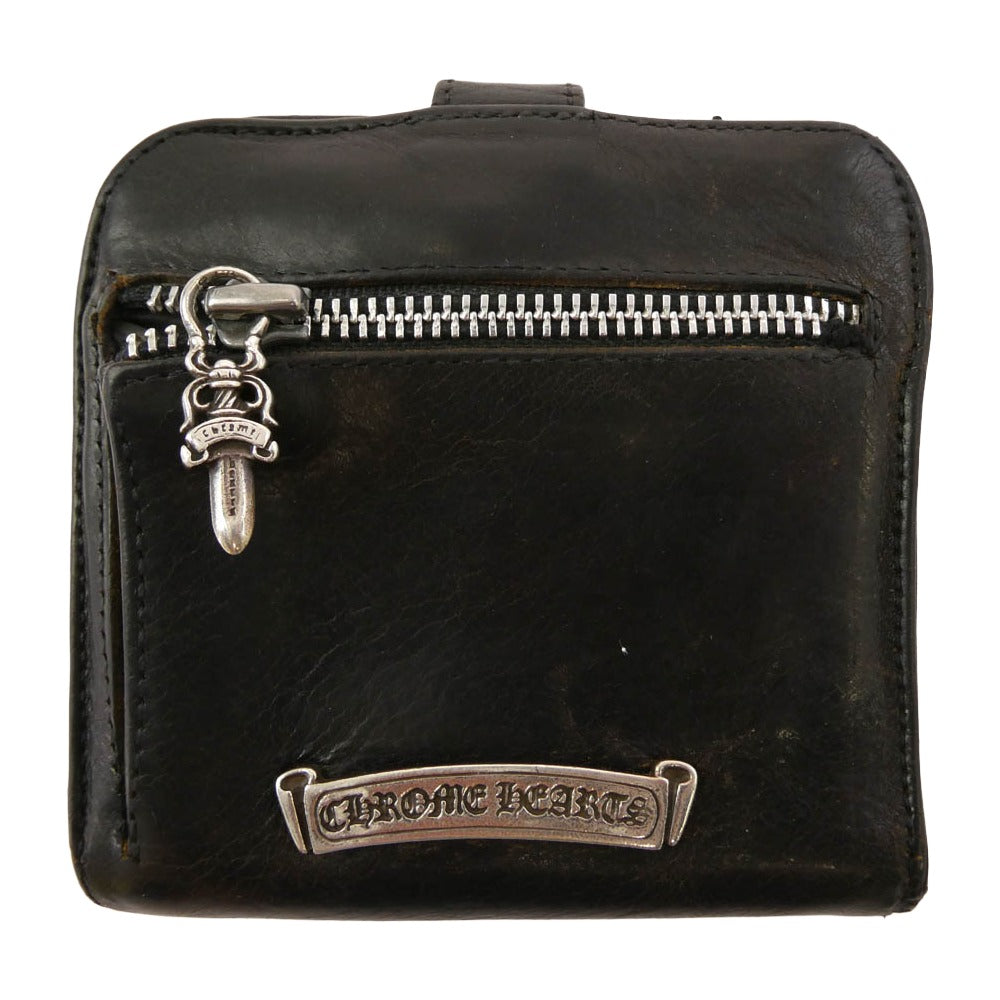 CHROME HEARTS クロムハーツ（原本無） SQ BTN BILL スクエアボタンビル ダガージップ レザー コンパクトウォレット ブラック系【中古】