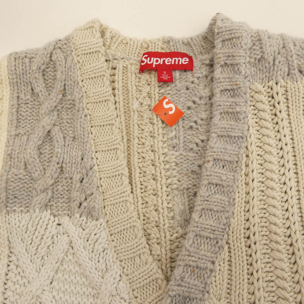 Supreme シュプリーム 23AW patchwork cable knit cardigan パッチワーク ケーブル ニット カーディガン オフホワイト系 グレー系 S【極上美品】【中古】