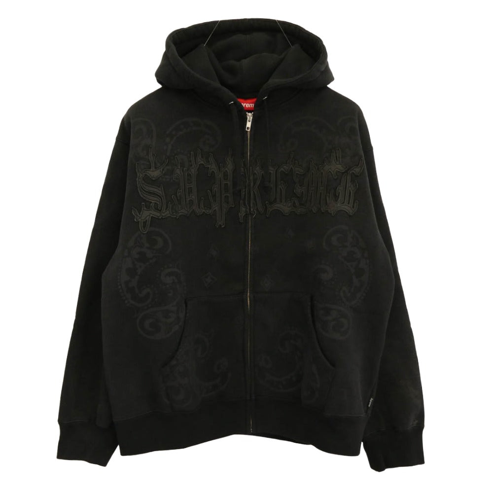 Supreme シュプリーム 25SS Paisley加工 Leather Appliqu? Zip Up Hooded Sweatshirt レザー アップリケ ジップ アップ フーデッド スウェット パーカー ブラック系 M【極上美品】【中古】
