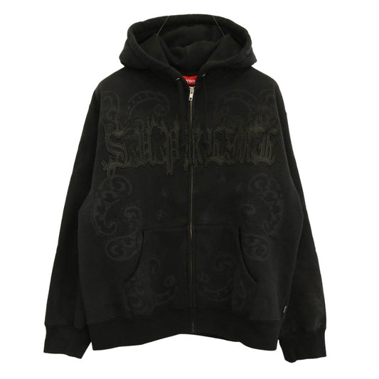 Supreme シュプリーム 25SS Paisley加工 Leather Appliqu? Zip Up Hooded Sweatshirt レザー アップリケ ジップ アップ フーデッド スウェット パーカー ブラック系 M【極上美品】【中古】