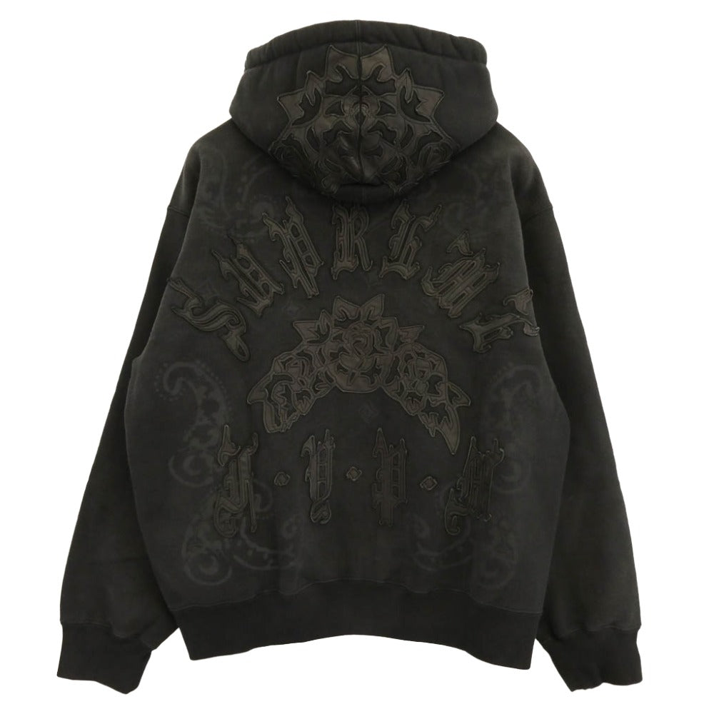 Supreme シュプリーム 25SS Paisley加工 Leather Appliqu? Zip Up Hooded Sweatshirt レザー アップリケ ジップ アップ フーデッド スウェット パーカー ブラック系 M【極上美品】【中古】