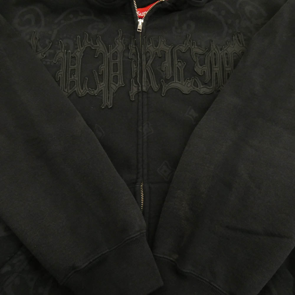 Supreme シュプリーム 25SS Paisley加工 Leather Appliqu? Zip Up Hooded Sweatshirt レザー アップリケ ジップ アップ フーデッド スウェット パーカー ブラック系 M【極上美品】【中古】