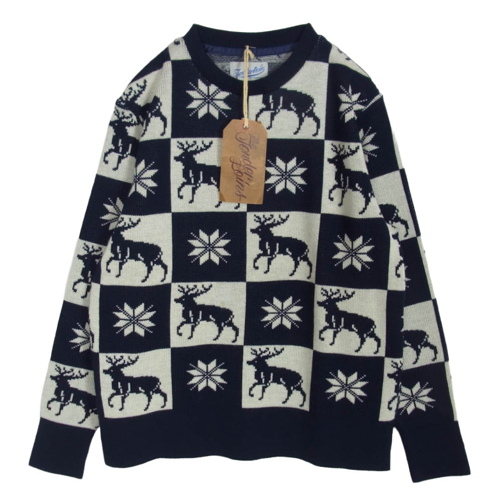 TENDERLOIN テンダーロイン 13AW T-SWEATER D トナカイ 結晶 ブロックチェック 総柄 ニット セーター ネイビー系 M【中古】