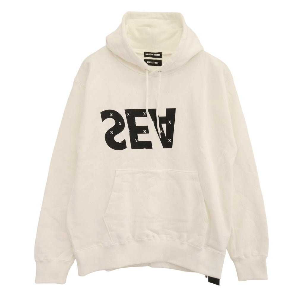 WIND AND SEA ウィンダンシー 20AW WDS-XXX-04 × GOD SELECTION XXX ゴッドセレクショントリプルエックス ロゴプリント プルオーバーパーカー ホワイト系 L【極上美品】【中古】