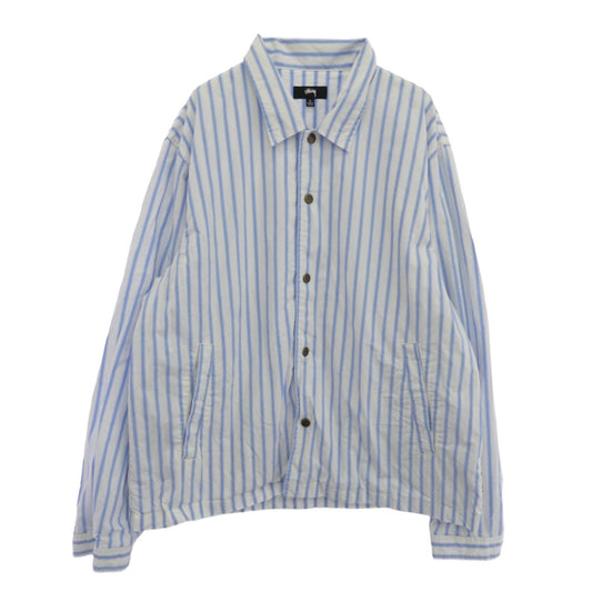 STUSSY ステューシー 23SS 1110279 Coach Shirt Stripe バックロゴプリント ストライプ コーチジャケット ホワイト系 ライトブルー系 L【中古】