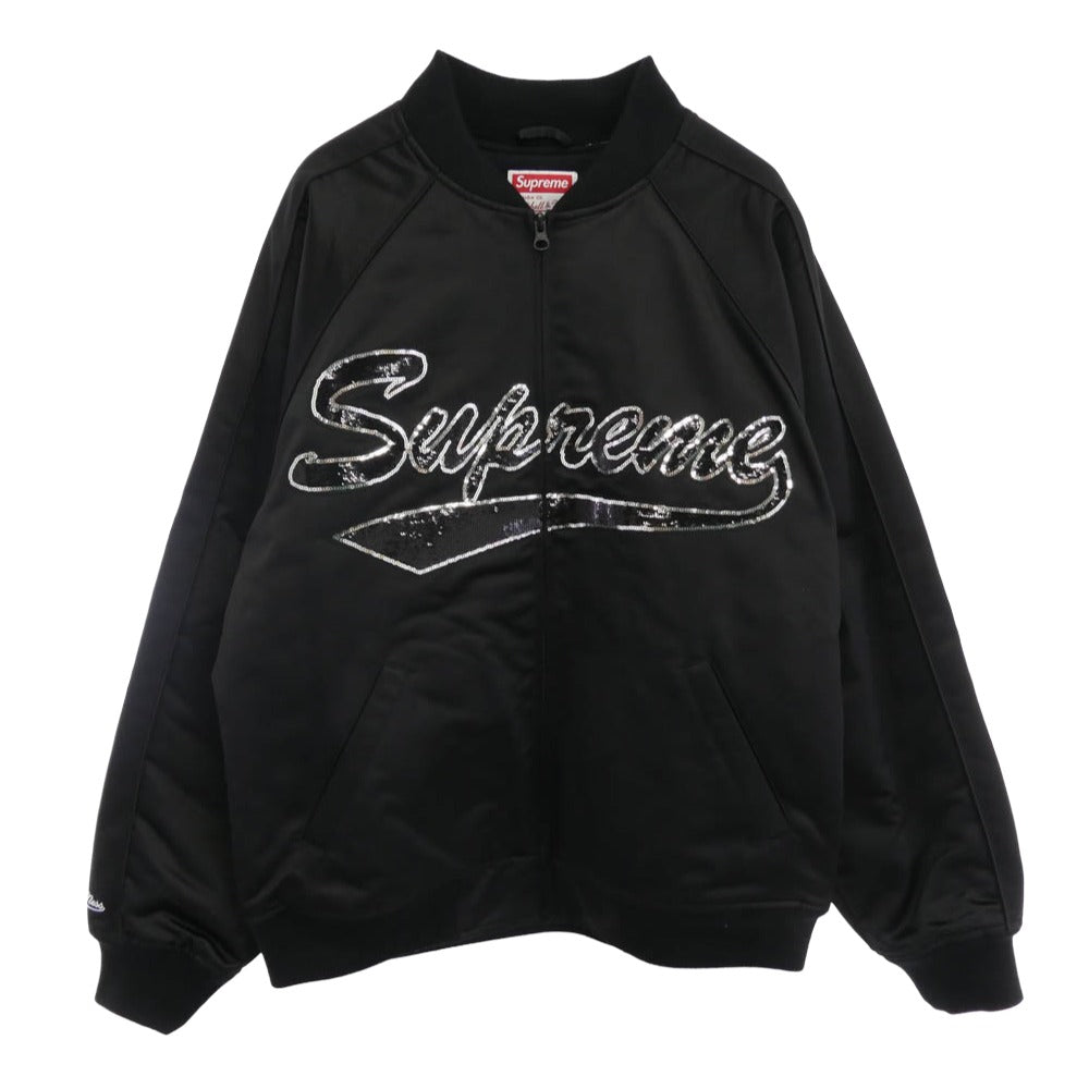 Supreme シュプリーム 21AW × Mitchell & Ness Sequin Logo Varsity Jacket ミッチェル & ネス シークイン ロゴ バーシティ ジャケット スパンコール ロゴ ナイロン スタジャン ブラック系 M【中古】