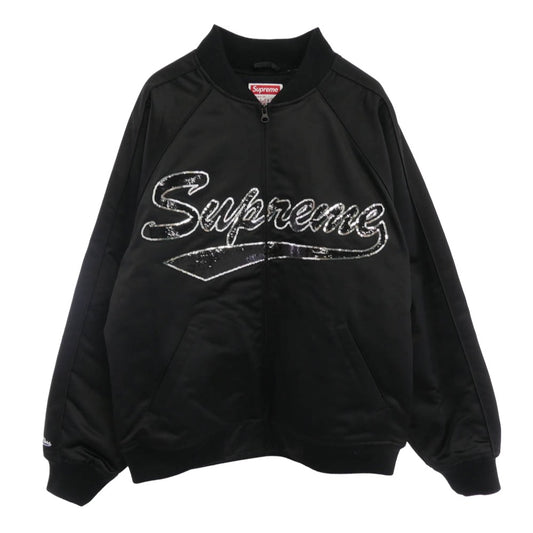Supreme シュプリーム 21AW × Mitchell & Ness Sequin Logo Varsity Jacket ミッチェル & ネス シークイン ロゴ バーシティ ジャケット スパンコール ロゴ ナイロン スタジャン ブラック系 M【中古】