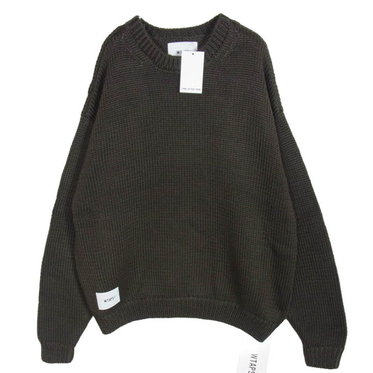 WTAPS ダブルタップス 232MADT-KNM04 SWEATER POLY. T-ROCK バックロゴ クルーネック セーター ニット カーキ系 3【新古品】【未使用】【中古】