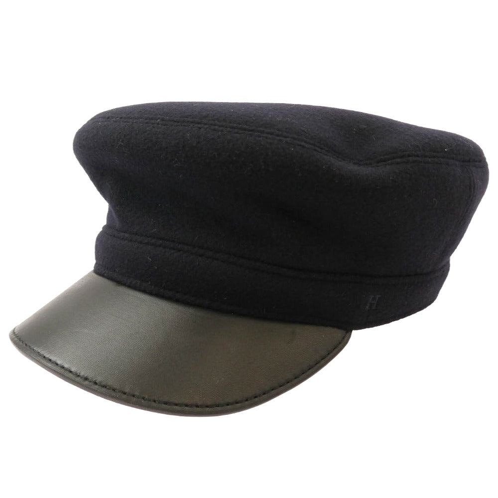 HERMES エルメス ウール ツバ部分ラムレザー切替 Hロゴ刺繍 キャスケット 帽子 ブラック系 58【中古】
