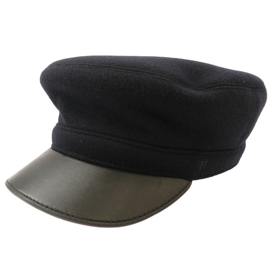 HERMES エルメス ウール ツバ部分ラムレザー切替 Hロゴ刺繍 キャスケット 帽子 ブラック系 58【中古】