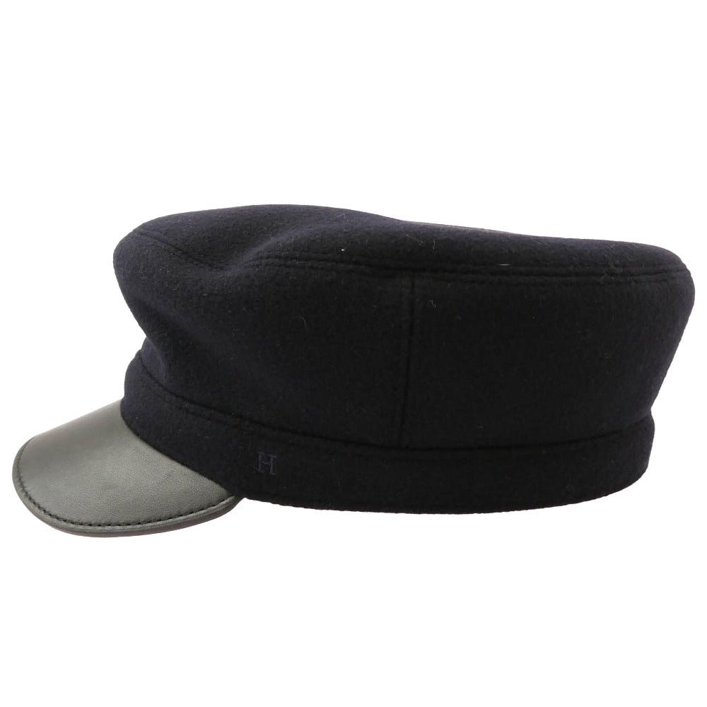 HERMES エルメス ウール ツバ部分ラムレザー切替 Hロゴ刺繍 キャスケット 帽子 ブラック系 58【中古】
