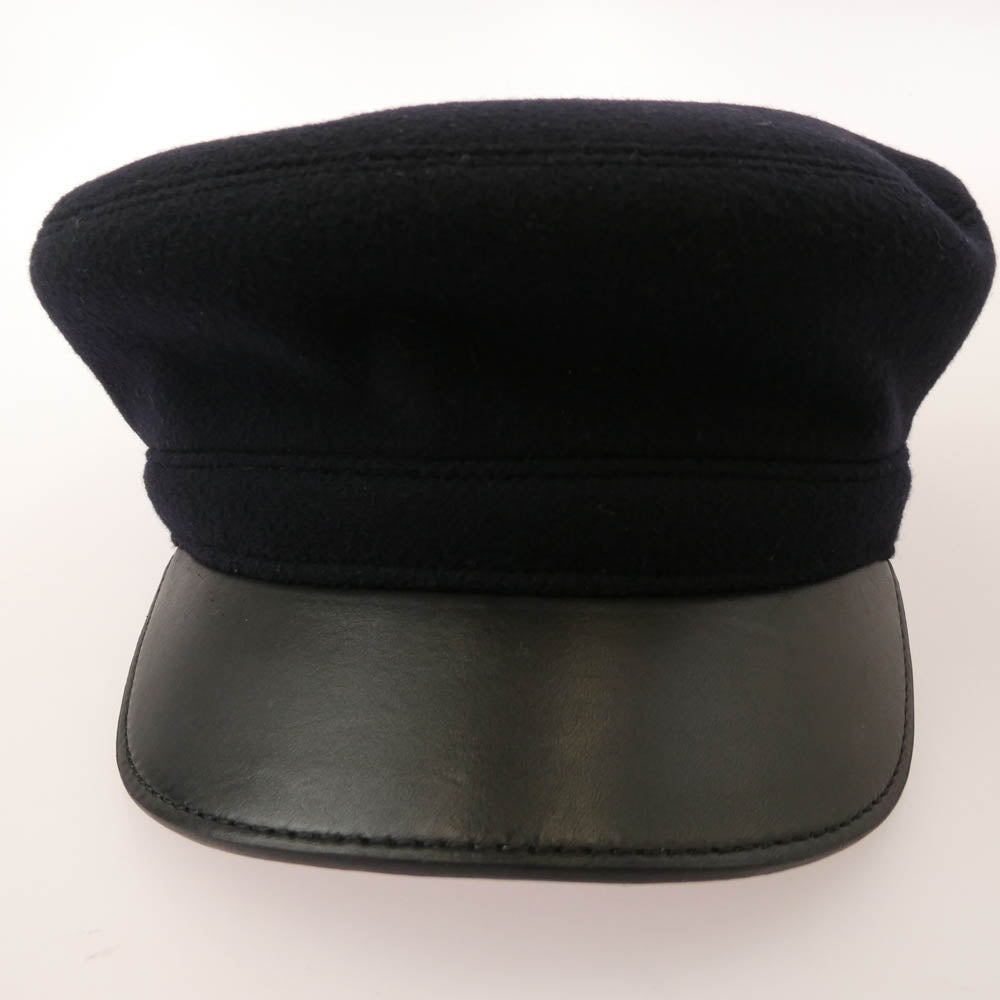 HERMES エルメス ウール ツバ部分ラムレザー切替 Hロゴ刺繍 キャスケット 帽子 ブラック系 58【中古】