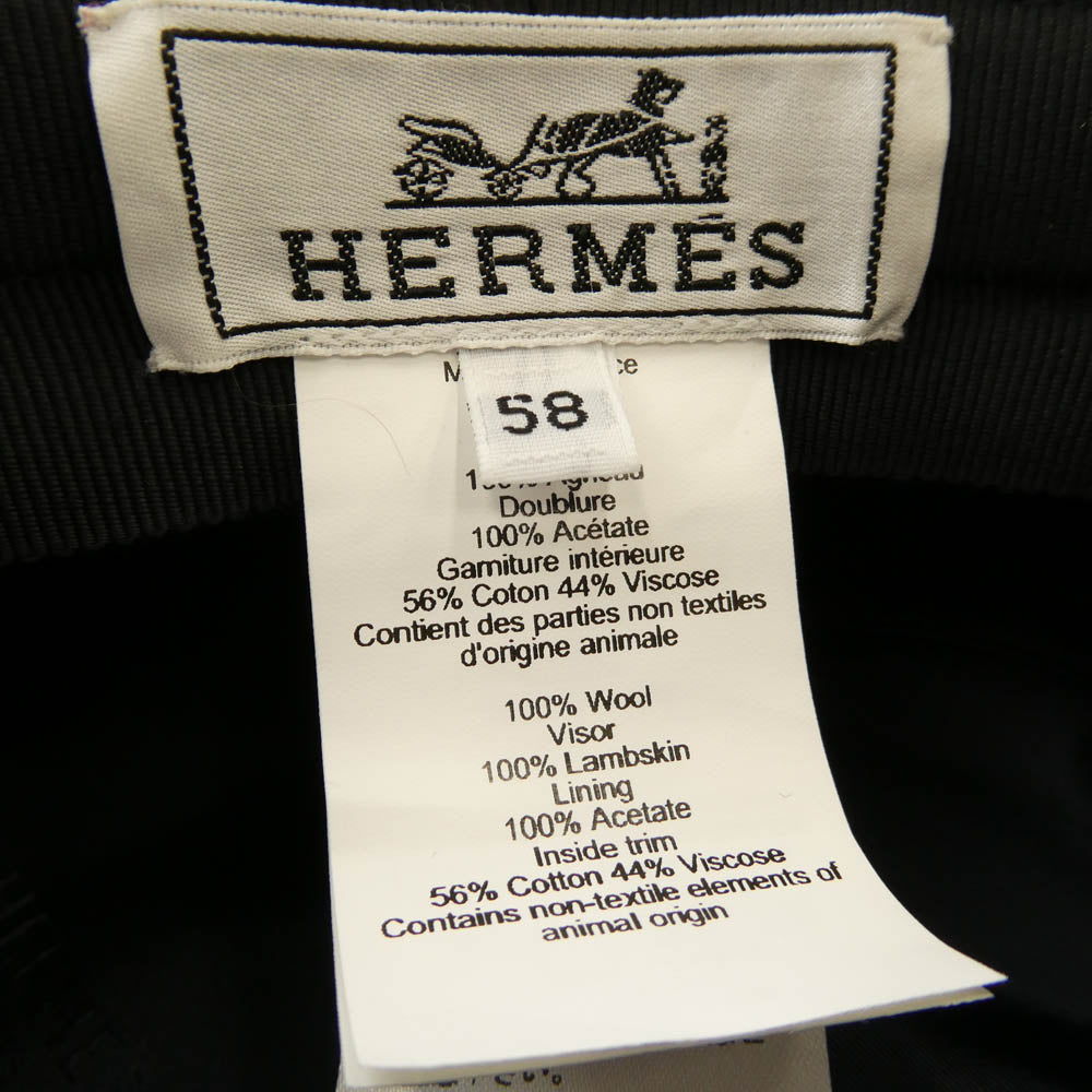 HERMES エルメス ウール ツバ部分ラムレザー切替 Hロゴ刺繍 キャスケット 帽子 ブラック系 58【中古】