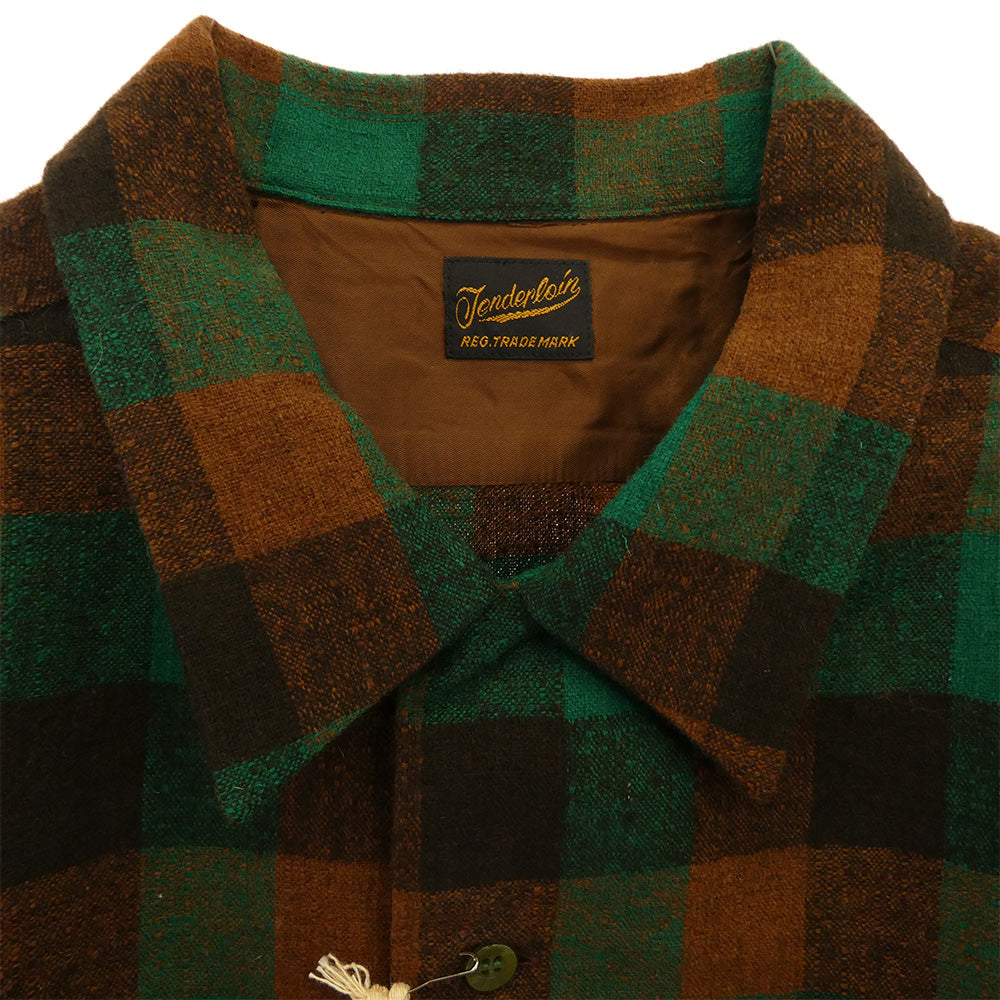 TENDERLOIN テンダーロイン T-WOOL SHT P ブロックチェック ウール 長袖 オープンカラーシャツ グリーン グリーン系 M【中古】