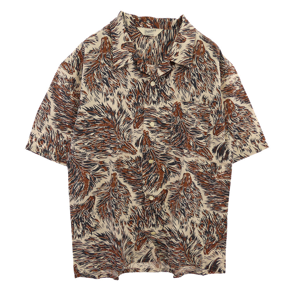 TENDERLOIN テンダーロイン T-RAYON SHT WOLF ウルフ柄 レーヨン 半袖 オープンカラーシャツ ブラウン系 ブラウン系 M【中古】