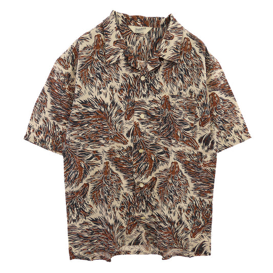 TENDERLOIN テンダーロイン T-RAYON SHT WOLF ウルフ柄 レーヨン 半袖 オープンカラーシャツ ブラウン系 ブラウン系 M【中古】