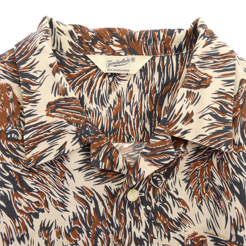 TENDERLOIN テンダーロイン T-RAYON SHT WOLF ウルフ柄 レーヨン 半袖 オープンカラーシャツ ブラウン系 ブラウン系 M【中古】