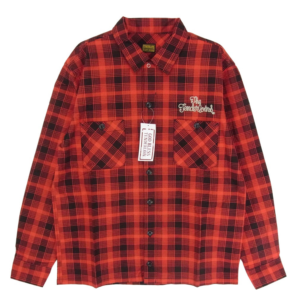 TENDERLOIN テンダーロイン T- FLANNEL チェーン刺繍ロゴ チェック柄 プリントフランネル 長袖シャツ レッド系 S【新古品】【未使用】【中古】