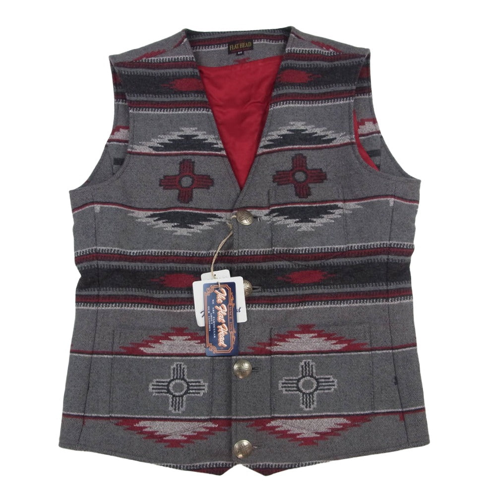 THE FLAT HEAD ザフラットヘッド BKV-01 NATIVE BLANKET VEST ネイティブ ブランケット ベスト グレー系 40【美品】【中古】