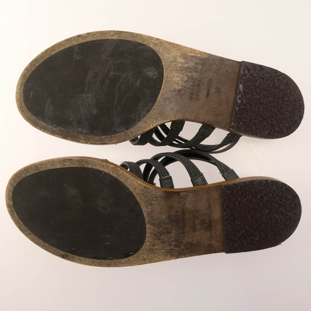 Brunello Cucinelli ブルネロクチネリ ライトストーン レザーストラップ サンダル ブラック系 37【中古】