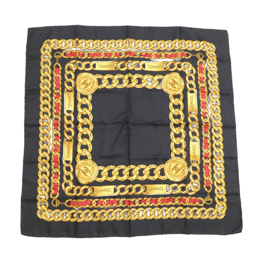 CHANEL シャネル チェーン ロゴ シルク 大判 スカーフ ダークネイビー系【中古】