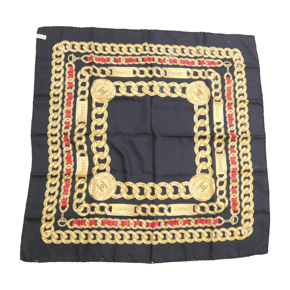 CHANEL シャネル チェーン ロゴ シルク 大判 スカーフ ダークネイビー系【中古】