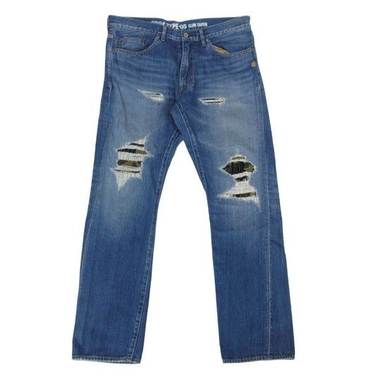 A BATHING APE アベイシングエイプ 001DPE301001X BAPE CAMO DAMAGE DENIM PANTS カモ柄 ダメージ加工 デニム パンツ インディゴブルー系 XL【中古】