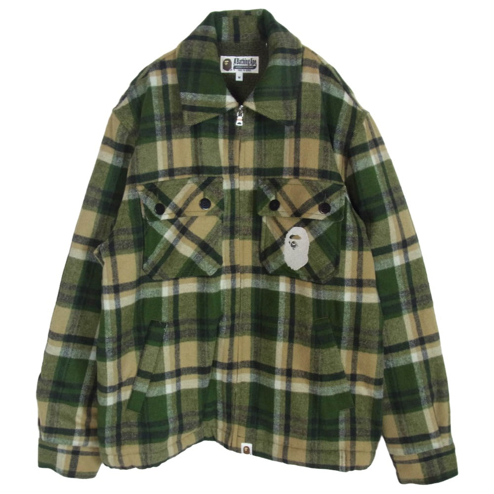 A BATHING APE アベイシングエイプ 001ljh801001m CHECK CPO ZIP JACKET ウール チェック ジップ ジャケット グリーン系 M【中古】
