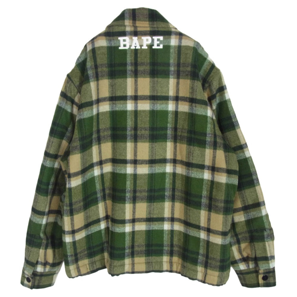 A BATHING APE アベイシングエイプ 001ljh801001m CHECK CPO ZIP JACKET ウール チェック ジップ ジャケット グリーン系 M【中古】