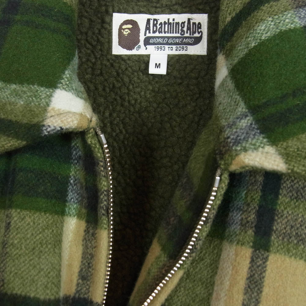 A BATHING APE アベイシングエイプ 001ljh801001m CHECK CPO ZIP JACKET ウール チェック ジップ ジャケット グリーン系 M【中古】