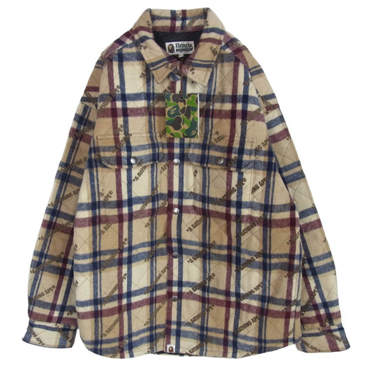 A BATHING APE アベイシングエイプ 23AW 001HJJ801059I LOGO CHECK PATTERN PADDED FLANNEL SHIRT JACKET ロゴ チェック フランネル シャツ ジャケット ライトブラウン系 M【極上美品】【中古】