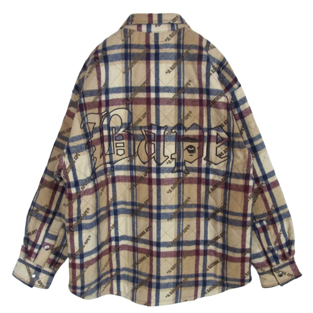 A BATHING APE アベイシングエイプ 23AW 001HJJ801059I LOGO CHECK PATTERN PADDED FLANNEL SHIRT JACKET ロゴ チェック フランネル シャツ ジャケット ライトブラウン系 M【極上美品】【中古】