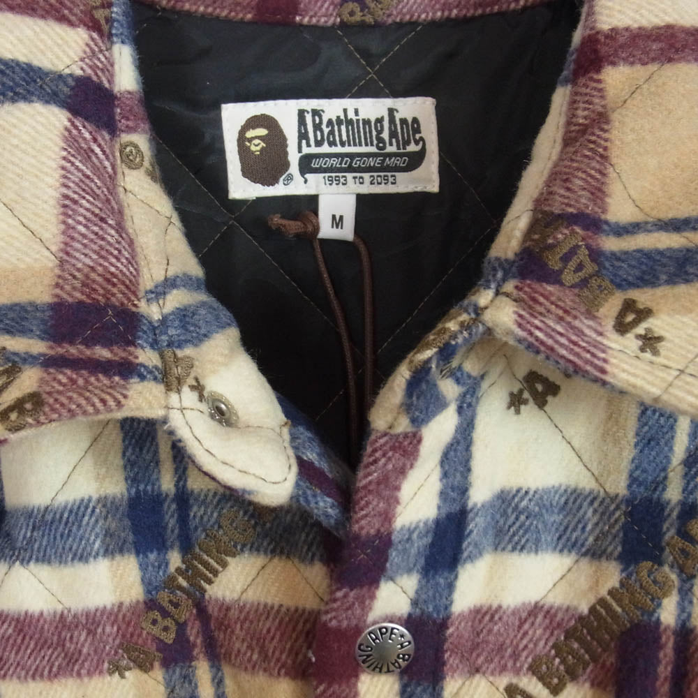 A BATHING APE アベイシングエイプ 23AW 001HJJ801059I LOGO CHECK PATTERN PADDED FLANNEL SHIRT JACKET ロゴ チェック フランネル シャツ ジャケット ライトブラウン系 M【極上美品】【中古】
